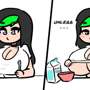 1girls, 2021, 2koma, absurd res, arctit (haloowl), areola slip, areolae, artist name, bare arms, black hair, bowl, breakfast, breasts, cereal, chibi