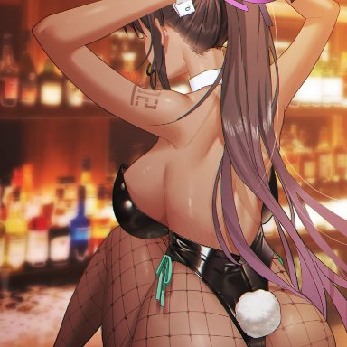 1girls, alcohol, animal ears, ass, back, bar, bare back, bare shoulders, black footwear, black hair, black leotard, blue archive, bottle, breasts, bunny ears