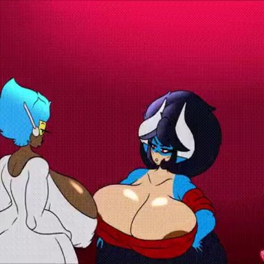 1girls, 2futas, animated, anthro, ass, balls, big ass, big balls, big breasts, big butt, big penis, blue hair, bodily fluids, breasts, butt