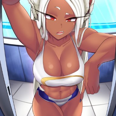 1girls, abs, absurd res, big breasts, breasts, bunny ears, castell, eye contact, female, high resolution, large breasts, long hair, looking at viewer, minishorts, miruko