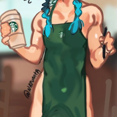 1boy, apron, apron only, big penis, blush, bulge, coffee, femboy, genshin impact, girly, iced latte with breast milk, meme, penis under apron, penis under clothes, pigtails