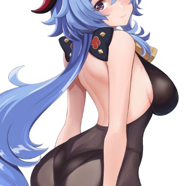 ahoge, artist request, ass, ass grab, bare shoulders, blue hair, blush, bodysuit, breasts, deep skin, female, ganyu (genshin impact), genshin impact, goat horns, horns