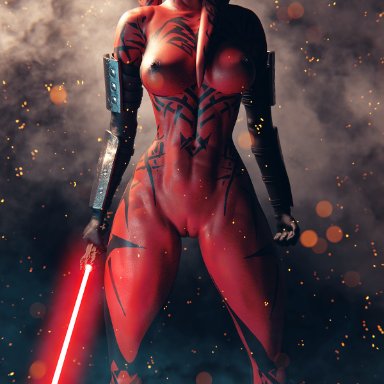 1girls, 3d, breasts, darth talon, el-recondite (artist), female, female focus, female solo, lightsaber, nude, nude female, pussy, red lightsaber, red skin, sith