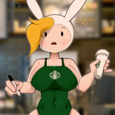 1girls, ?, adventure time, apron, bare shoulders, big breasts, blonde hair, blurry background, blush, breasts, bunny ears, cartoon network, coffee, crisisaura, curvaceous