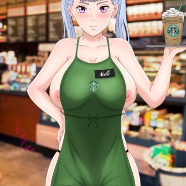 big breasts, black clover, crishdemons, iced latte with breast milk, noelle silva, purple eyes, starbucks, tagme, thick thighs, white hair, wide hips