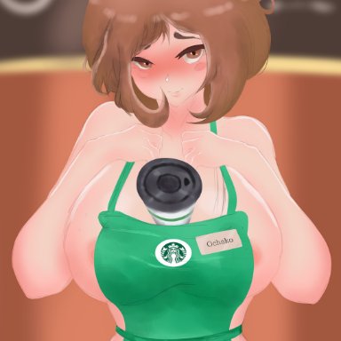 my hero academia, starbucks, ochako uraraka, Blackgtr72, between breasts, huge breasts, nose blush, simple background