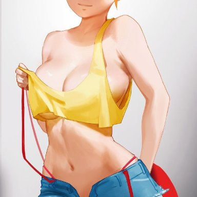 adapted costume, armpits, asymmetrical hair, atric18, bare legs, blush, breasts, clothing, creatures inc., denim, denim shorts, female, game freak, gen 1 pokemon, green eyes