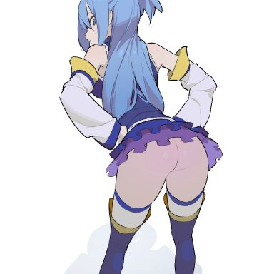 ?, aqua (konosuba), ass, bent over, blue eyes, blue hair, hand on hip, hks (timbougami), kono subarashii sekai ni shukufuku wo!, looking back, miniskirt, oblivious, shadow