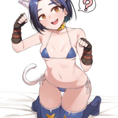 bikini, blue hair, breasts, cat ear, cat tail, clothing, female, fingerless gloves, gloves, heart, heart-shaped pupils, kneeling, micro bikini, navel, paw pose