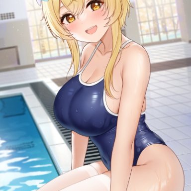 1girls, blonde hair, breasts, busty, cleavage, curvaceous, curvy, female, fukuro ko (greentea), genshin impact, large breasts, looking at viewer, lumine (genshin impact), one-piece swimsuit, school swimsuit