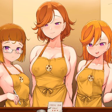 3girls, apron, big breasts, blush, breasts, female, female only, glasses, lactation, love live!, love live! super star!!, mostly nude, mother and daughter, naked apron, nipple bulge