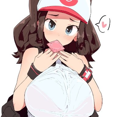 baseball cap, big breasts, black vest, blue eyes, breasts, brown hair, condom, condom in mouth, creatures (company), curly hair, female, game freak, hat, high ponytail, hilda (pokemon)