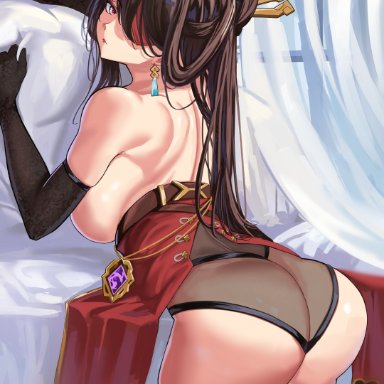 1girls, 2021, ass, ass focus, ass shot, back, back view, beidou (genshin impact), breasts, brown hair, bubble butt, eyepatch, female, female focus, female only