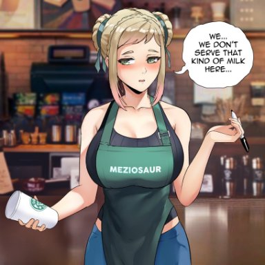 1girls, alternate costume, apron, bare shoulders, barista, black shirt, blonde hair, blue pants, blush, braid, braided bun, breasts, cleavage, coffee maker (object), coffee shop