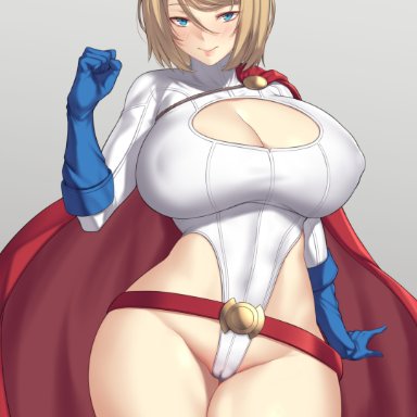 1girls, adapted costume, areolae, aster crowley, bare legs, blonde hair, blue eyes, blush, breasts, breasts out of clothes, cape, clothing, curvaceous, dc comics, embarrassed