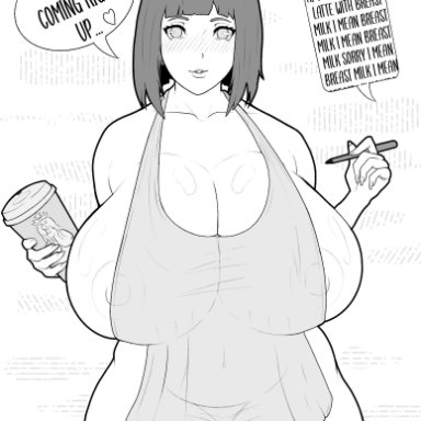 1girls, apron, black hair, blush, boruto: naruto next generations, english text, female, female focus, glands of montgomery, greyscale, hair bun, huge breasts, hyuuga hinata, iced latte with breast milk, light-skinned female