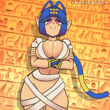 animal crossing, animated, ankha, ankha (cosplay), ankha ride (minus8), blue hair, emi (character), emi (twistedgrim), meme, nintendo, original character, short hair, twistedgrim