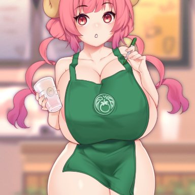 apron, huge breasts, iced latte with breast milk, ilulu (dragon maid), light-skinned female, light skin, miss kobayashi's dragon maid, naked, naked apron, tomathao