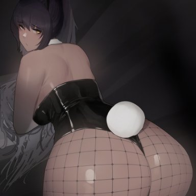 1girls, 2021, alternate version available, ass, ass focus, bent over, big ass, blue archive, breasts, bunny ears, bunny girl, bunny tail, bunnysuit, dark-skinned female, dark skin