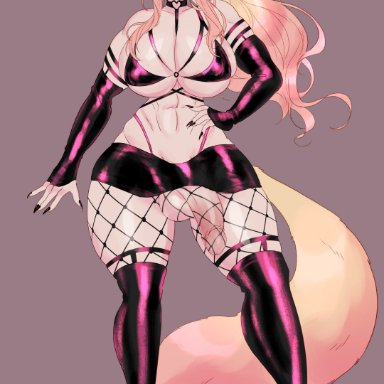 abs, animal ears, blonde hair, elyunae, fishnets, futanari, huge breasts, thick thighs