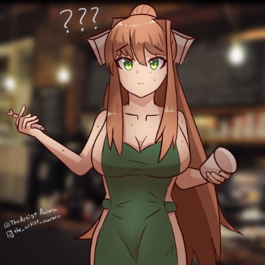 1girls, apron, apron only, cleavage, doki doki literature club, iced latte with breast milk, large breasts, long hair, monika (doki doki literature club), ponytail, solo, sweat, theartistaurora