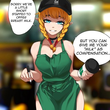 1girls, apron, apron only, baseball cap, blonde hair, dialogue, hyrule warriors, iced latte with breast milk, lewdme, linkle, pointy ears, solo, text, the legend of zelda, twintails