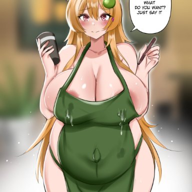 1girls, absurdres, bayoshii, breasts, cleavage, female, female only, fox girl, highres, huge belly, huge breasts, iced latte with breast milk, lactation, lactation through clothes, lactation without expressing