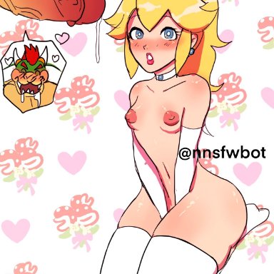 1boy1girl, big penis, blush, bowser, breasts, breasts out, breasts outside, cum drip, huge cock, koopa, looking at viewer, mario (series), nipples, nnsfwbot, nude