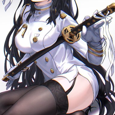 aiguillette, animal ear fluff, animal ears, atago (azur lane), azur lane, bangs, black hair, black legwear, black thighhighs, blush, breasts, buttons, closed mouth, clothing, deca purio