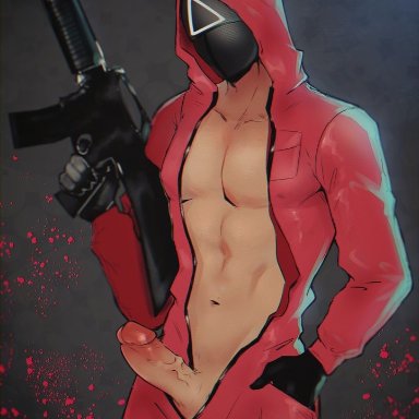 1boy, 1male, beckymastery (artist), gun, male, male only, masked, masked male, netflix, penis, pink guard, solo male, squid game, tagme, tracksuit