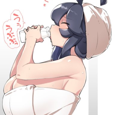 1girls, 2021, after bath, ahoge, armpits, arms up, artist name, black hair, breasts, bursting breasts, cleavage, closed eyes, drinking, drinking milk, eyebrows visible through hair