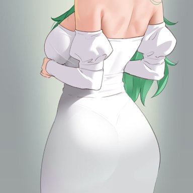 1girls, ass, back, back view, bangs, bare back, bare shoulders, blush, breasts, circlet, clothed, detached sleeves, dress, fire emblem, fire emblem: three houses