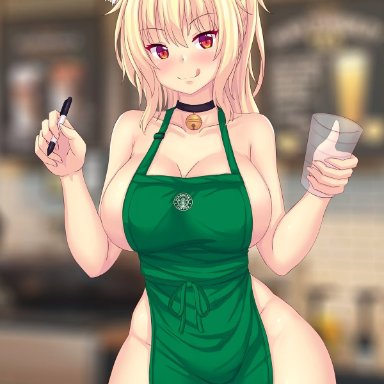 animal ears, apron, bell collar, blonde hair, blush, breasts, cleavage, collar, hairbow, large breasts, licking, licking lips, looking at viewer, naked apron, ponytail