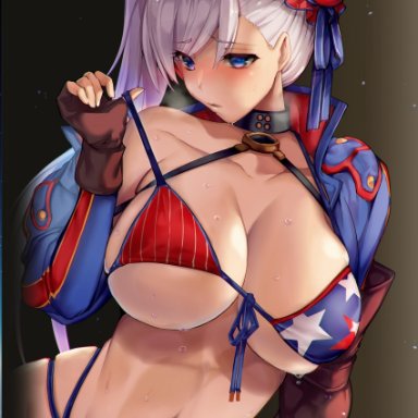 1girls, big ass, big breasts, bikini, bikini top, blue eyes, blush, choker, cleavage, fate (series), front-tie bikini, lingerie, midriff, miyamoto musashi (fate), panties