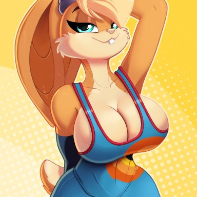 areola slip, areolae, arms behind back, basketball (ball), basketball uniform, big ass, big breasts, blonde hair, blue eyes, bunny ears, bunny girl, bunny tail, cartoon network, cleavage, crop top