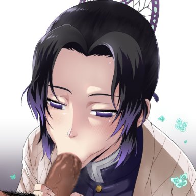 1boy, 1girls, :>=, black hair, blowjob, blush, butterfly hair ornament, clothed female nude male, demon slayer, faceless male, fellatio, female, female focus, half-closed eyes, holding penis