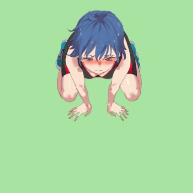 1boy, 1girls, animated, animated gif, anime style, blowjob, blue hair, breasts, cum, deepthroat, fat, fat man, female, gif, leaking