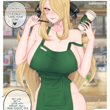 1girls, big breasts, blush, breasts, cryptid crab, cynthia (pokemon), eye contact, hair ornament, huge breasts, iced latte with breast milk, large breasts, looking at viewer, nintendo, pokemon, pokemon dppt