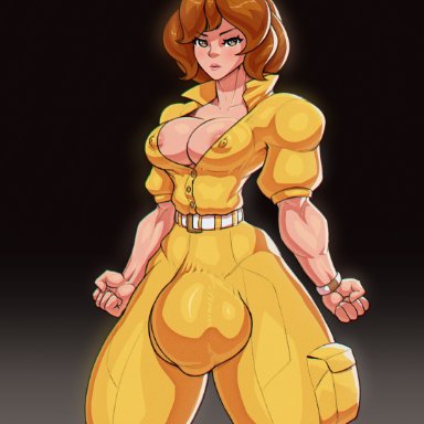 1futa, ahoge, april o'neil, areola slip, areolae, big balls, big penis, breasts, brown hair, bulge, cleavage, clothed, clothing, erect nipples, flaccid