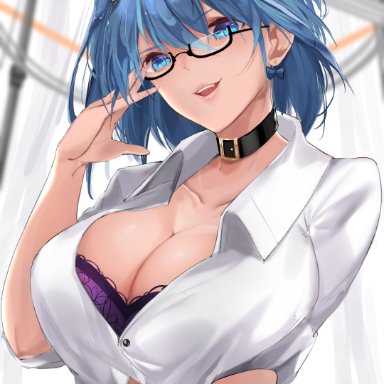 1girls, 2021, blue eyes, blue hair, bra, breasts, choker, cleavage, earrings, female, female focus, female only, glasses, hololive, hololive english