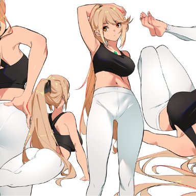 16:9 aspect ratio, arm behind head, armpits, ass, bangs, bare shoulders, barefoot, black bra, black sports bra, black underwear, blonde hair, bra, breasts, chest jewel, clavicle