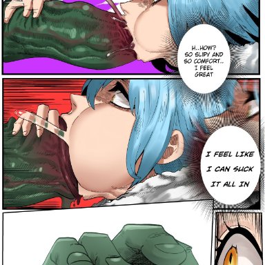 2boys, big penis, blue hair, color, comic, gay, green (artist), green skin, huge cock, huge penis, large penis, male/male, manga, monster, oral