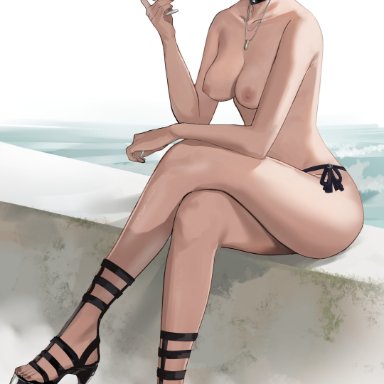 beach, blue hair, breasts, choker, high heels, j@ck, necklace, sitting, tae takemi, tagme, white background, wine