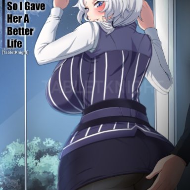 1boy, 1girls, ass, ass grab, big breasts, blue eyes, blush, breasts, doujin cover, female, huge breasts, large breasts, long hair, mature female, milf