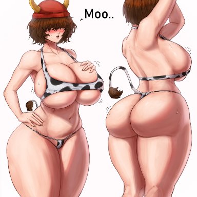 1girls, ass, big ass, big breasts, big butt, bikini, brown hair, butt, cow girl, cow horns, cow print, cow tail, curvy, curvy figure, female