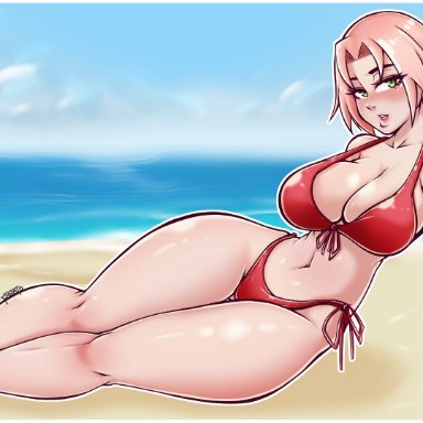 1girls, armwear, bare legs, bare shoulders, barefoot, bbw, beach, bedroom eyes, big breasts, bikini, bikini bottom, bikini top, blush, bob cut, boruto: naruto next generations