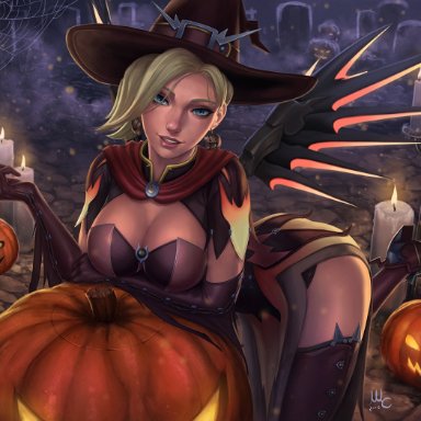 1girls, alternate costume, blizzard entertainment, blonde hair, breasts, candle, candy, cleavage, female, food, graveyard, halloween, hat, highres, huge breasts