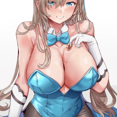 1girls, animal ears, asuna (blue archive), bangs, bare shoulders, blue archive, blue eyes, blue leotard, blue neckwear, blush, bow, bowtie, breasts, cleavage, collarbone