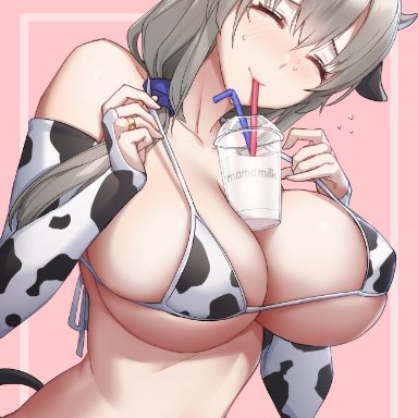 1girls, animal ears, animal print, bangs, bare shoulders, bikini, blush, breasts, bridal gauntlets, closed eyes, collarbone, commentary, cow girl, cow print, cup