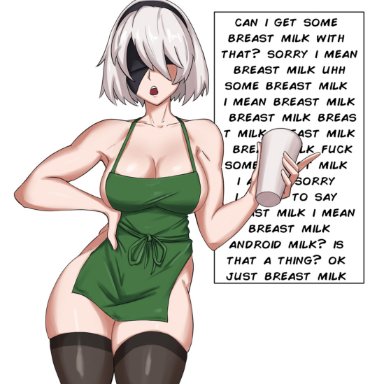 1girls, blindfold, breasts, female, female only, headband, iced latte with breast milk, light-skinned female, light skin, meme, naked apron, nier: automata, partially clothed, shadertoons, solo